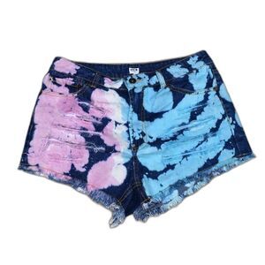 UNIQ Tie Dye High Rise Denim Shorts Size Large Cut Off Frayed Hem Pink Blue